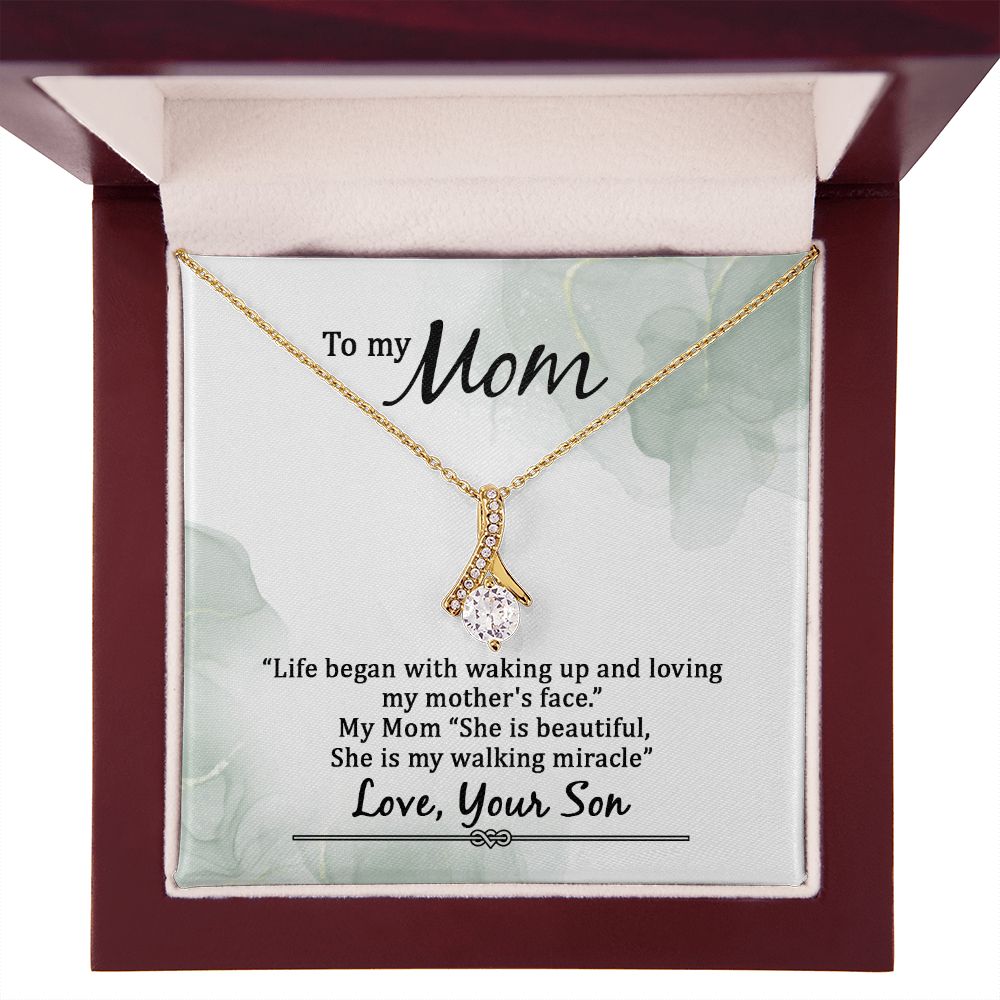 To My Mom Life Began With Walking Up Alluring Ribbon Necklace Message Card-Express Your Love Gifts