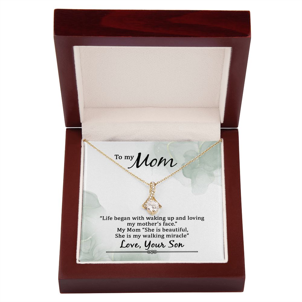 To My Mom Life Began With Walking Up Alluring Ribbon Necklace Message Card-Express Your Love Gifts