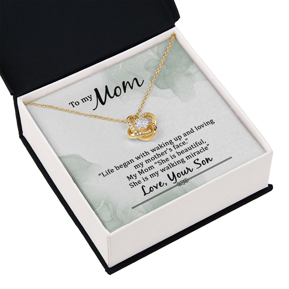 To My Mom Life Began With Walking Up Infinity Knot Necklace Message Card-Express Your Love Gifts