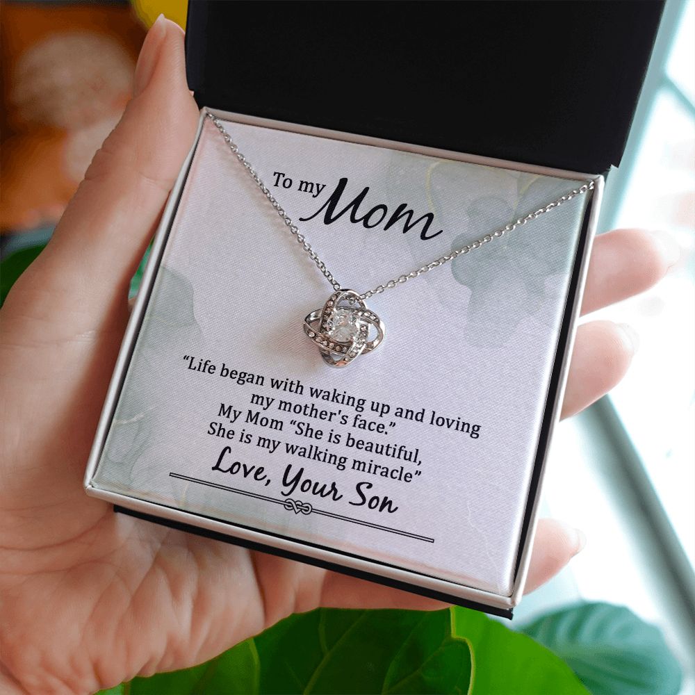 To My Mom Life Began With Walking Up Infinity Knot Necklace Message Card-Express Your Love Gifts