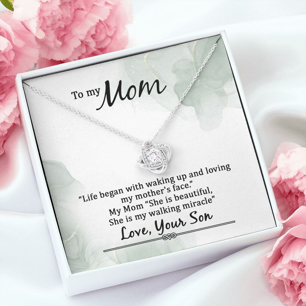 To My Mom Life Began With Walking Up Infinity Knot Necklace Message Card-Express Your Love Gifts