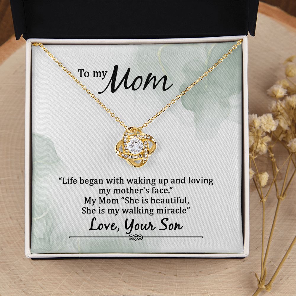 To My Mom Life Began With Walking Up Infinity Knot Necklace Message Card-Express Your Love Gifts