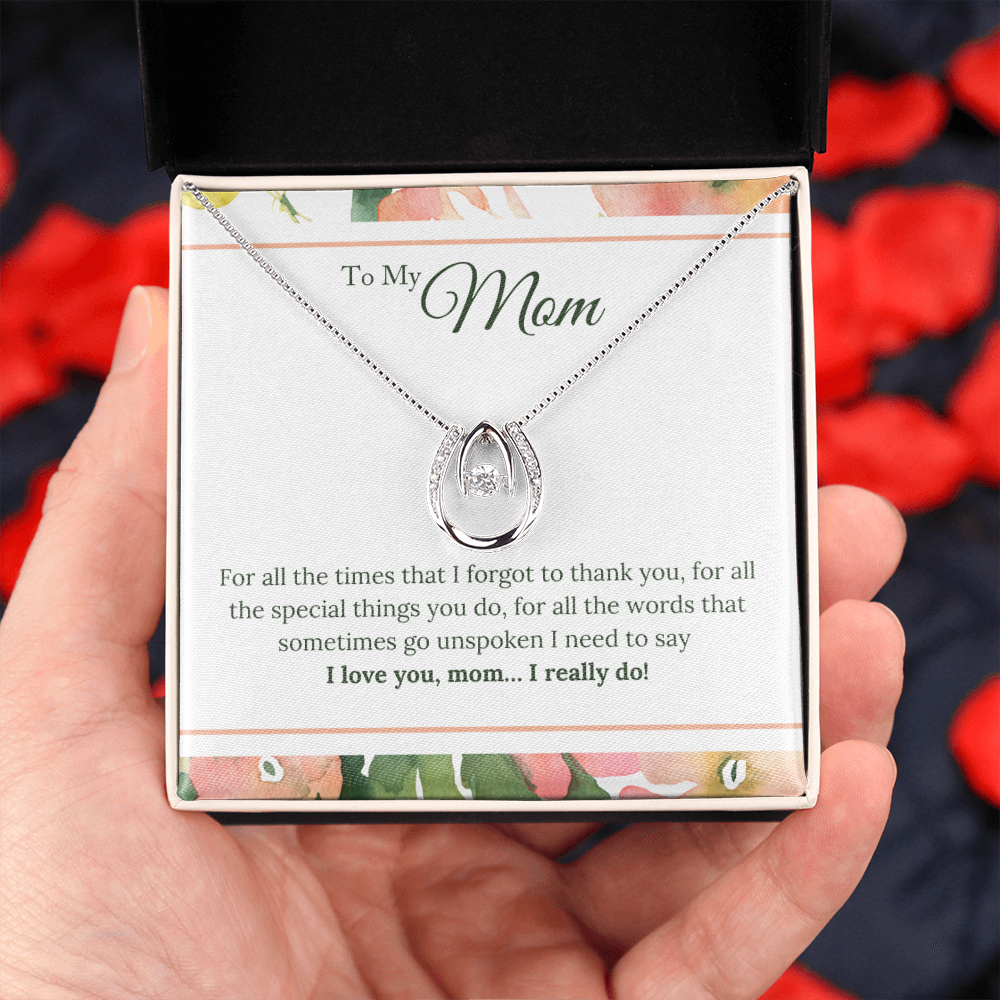 To My Mom Love You Really Do Lucky Horseshoe Necklace Message Card 14k w CZ Crystals-Express Your Love Gifts