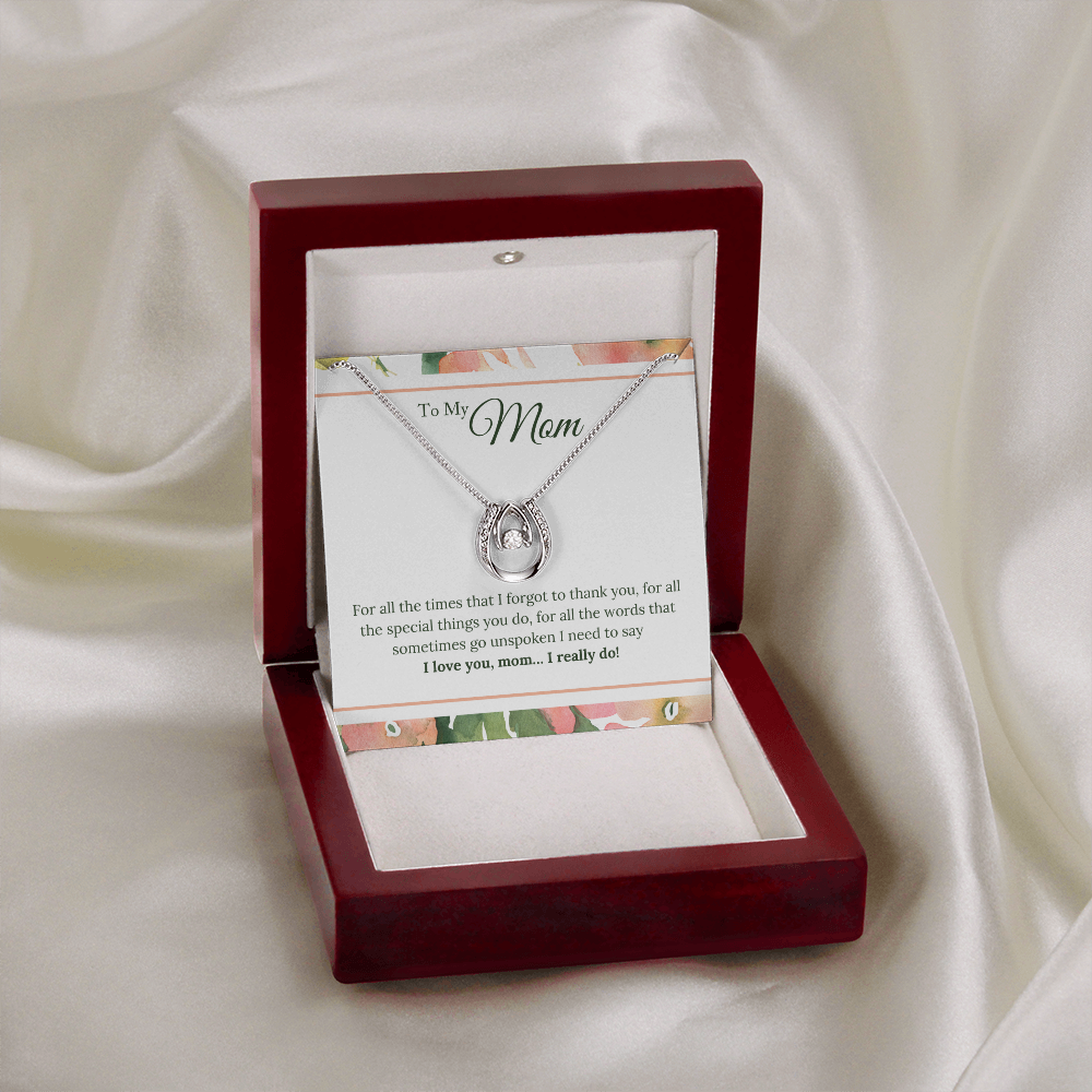 To My Mom Love You Really Do Lucky Horseshoe Necklace Message Card 14k w CZ Crystals-Express Your Love Gifts