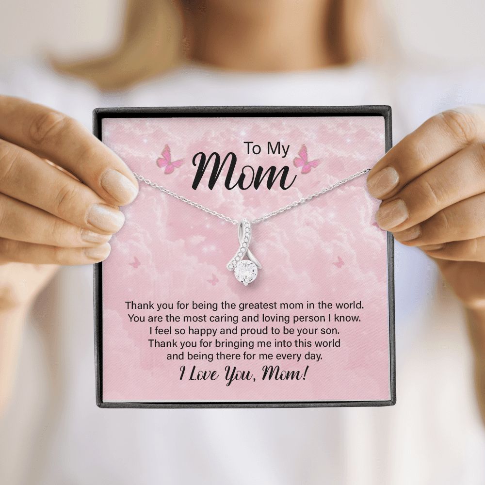 To My Mom Thank You For the Greatest Mom Alluring Ribbon Necklace Message Card-Express Your Love Gifts