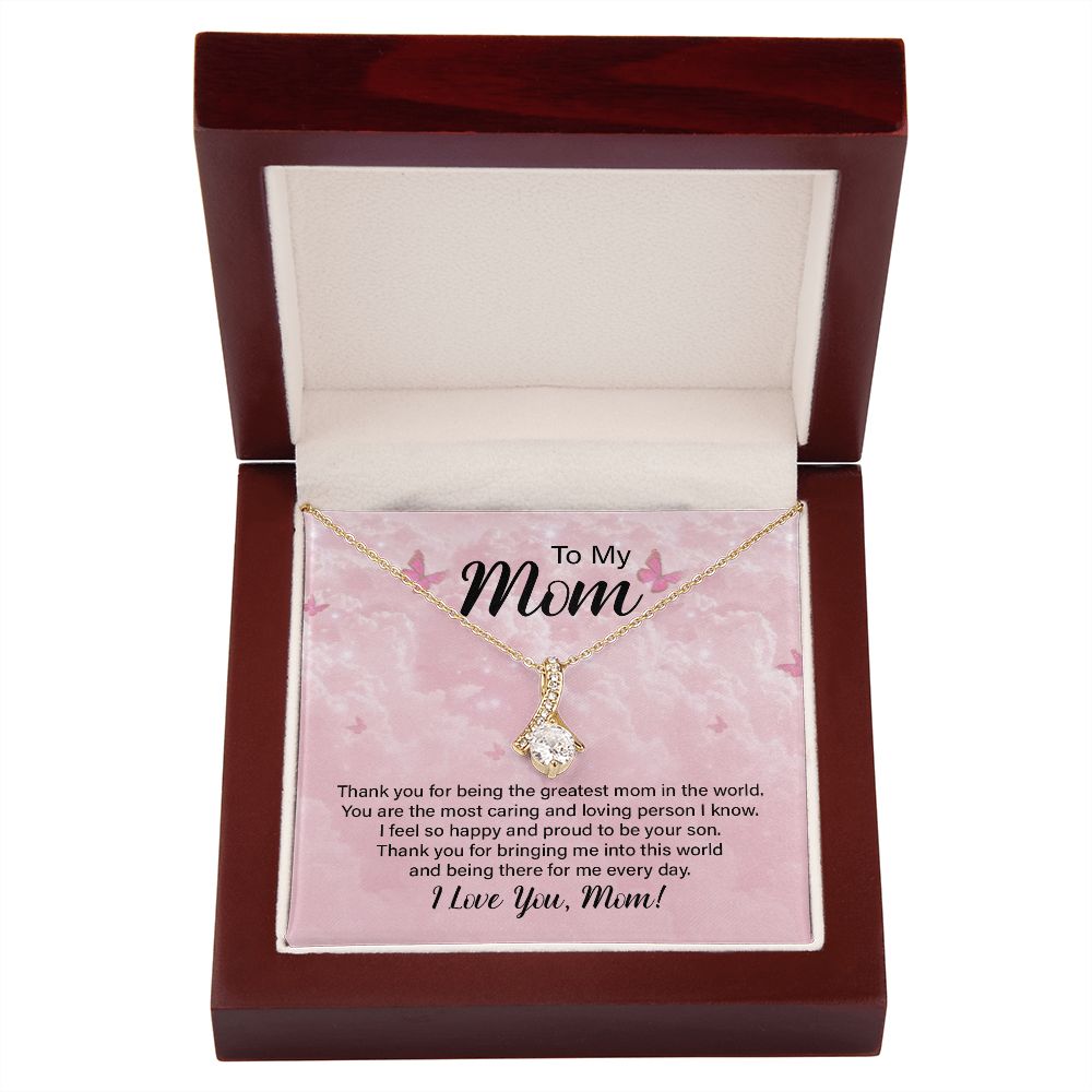 To My Mom Thank You For the Greatest Mom Alluring Ribbon Necklace Message Card-Express Your Love Gifts