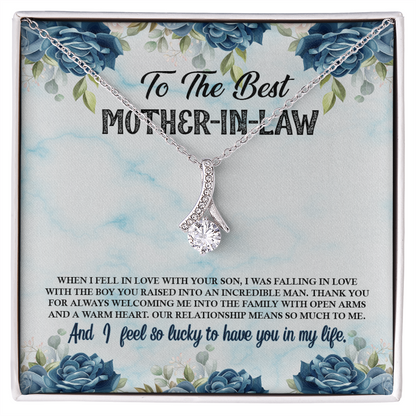 To My Mother-in-Law Fall in Love With Your Son Alluring Ribbon Necklace Message Card-Express Your Love Gifts