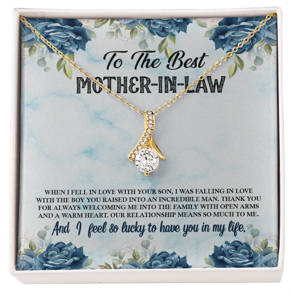 To My Mother-in-Law Fall in Love With Your Son Alluring Ribbon Necklace Message Card-Express Your Love Gifts