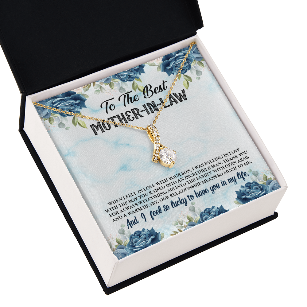 To My Mother-in-Law Fall in Love With Your Son Alluring Ribbon Necklace Message Card-Express Your Love Gifts