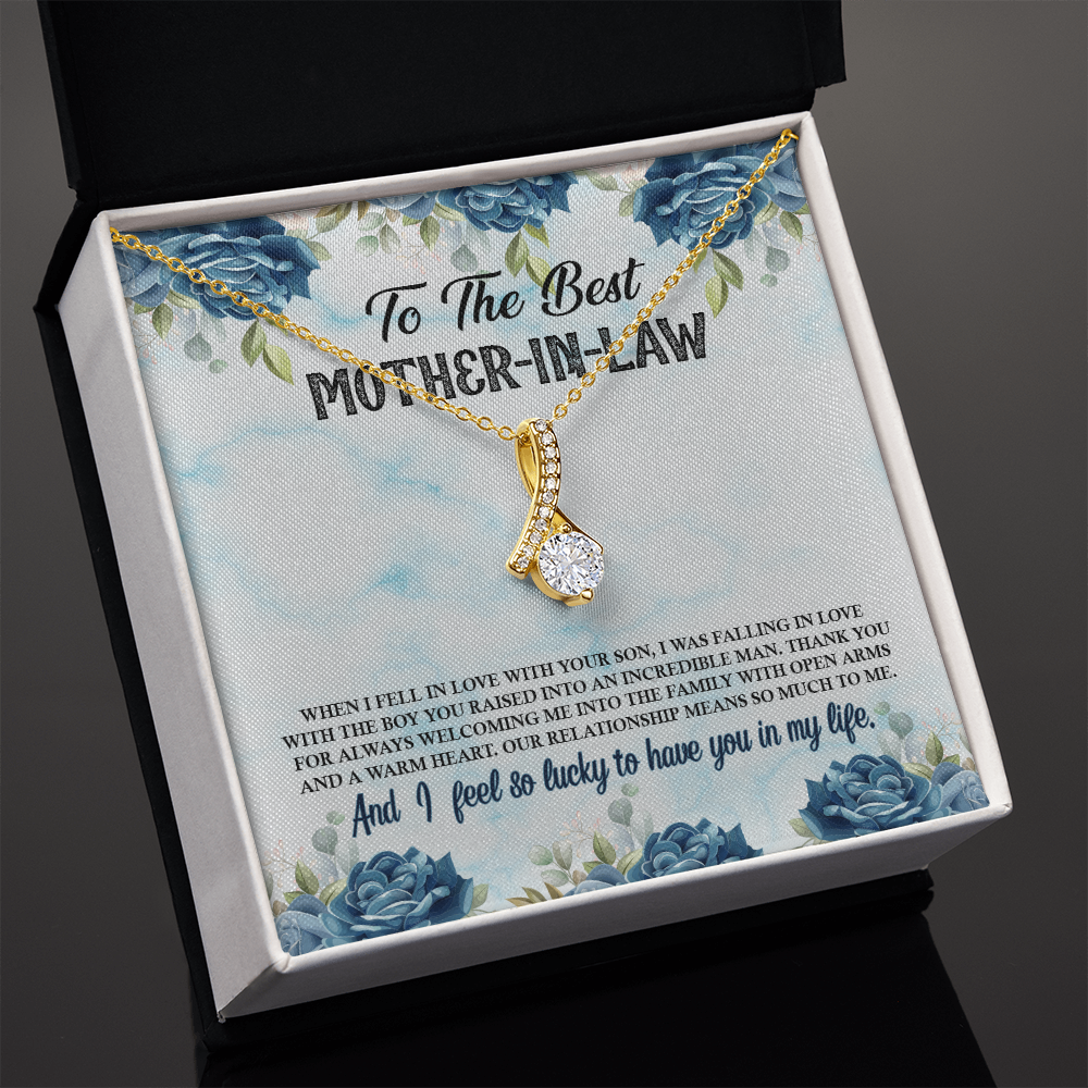 To My Mother-in-Law Fall in Love With Your Son Alluring Ribbon Necklace Message Card-Express Your Love Gifts