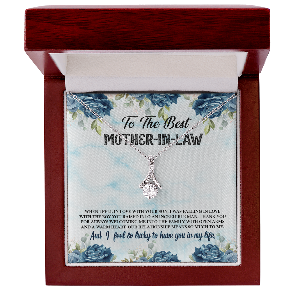 To My Mother-in-Law Fall in Love With Your Son Alluring Ribbon Necklace Message Card-Express Your Love Gifts