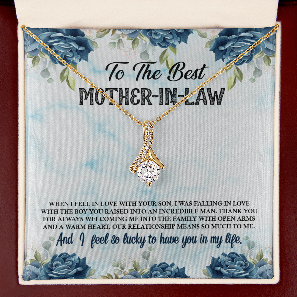 To My Mother-in-Law Fall in Love With Your Son Alluring Ribbon Necklace Message Card-Express Your Love Gifts