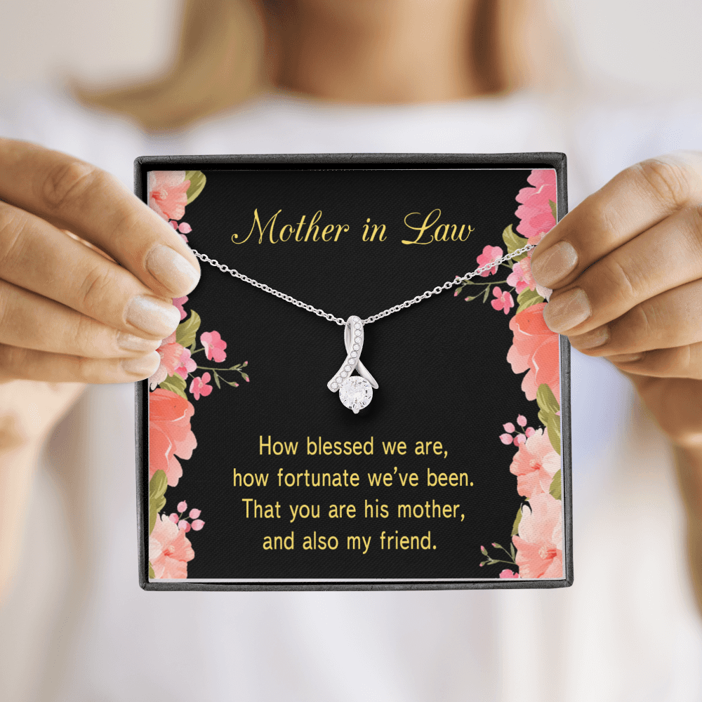 To My Mother-in-Law How Fortunate Alluring Ribbon Necklace Message Card-Express Your Love Gifts