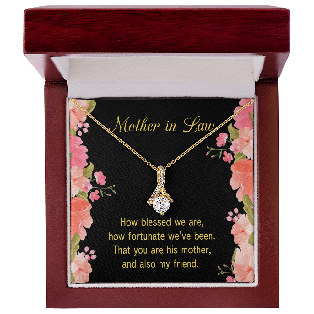 To My Mother-in-Law How Fortunate Alluring Ribbon Necklace Message Card-Express Your Love Gifts