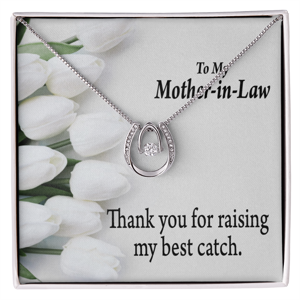 To My Mother-in-Law My Best Catch Lucky Horseshoe Necklace Message Card 14k w CZ Crystals-Express Your Love Gifts