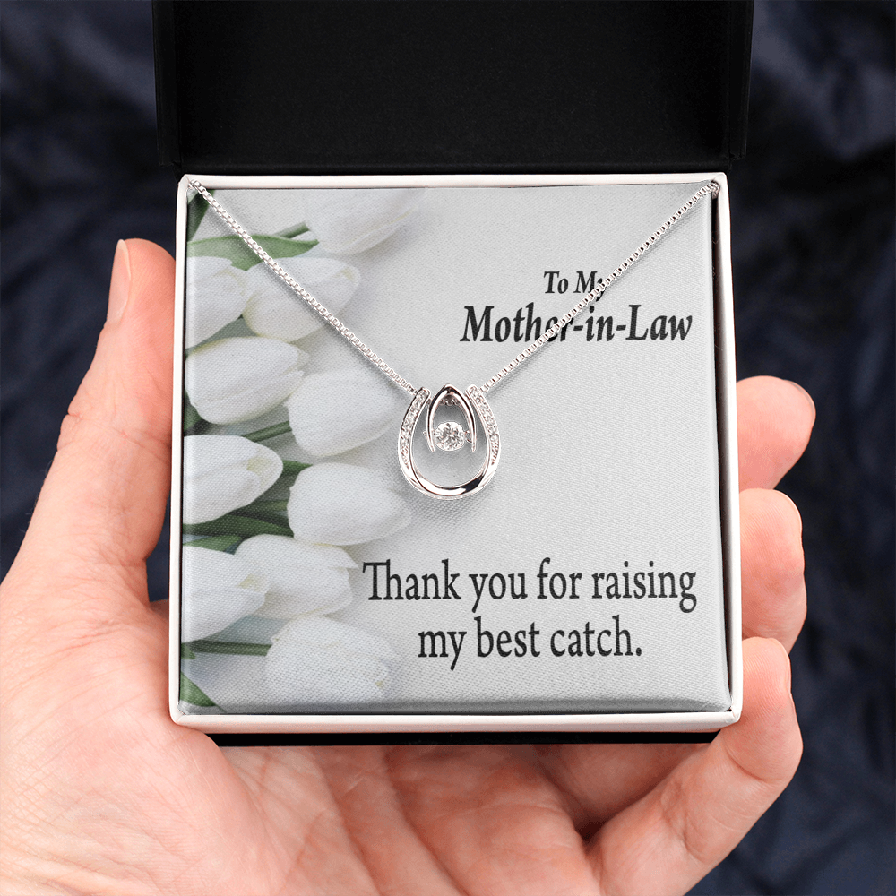 To My Mother-in-Law My Best Catch Lucky Horseshoe Necklace Message Card 14k w CZ Crystals-Express Your Love Gifts