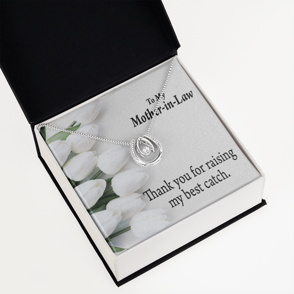 To My Mother-in-Law My Best Catch Lucky Horseshoe Necklace Message Card 14k w CZ Crystals-Express Your Love Gifts