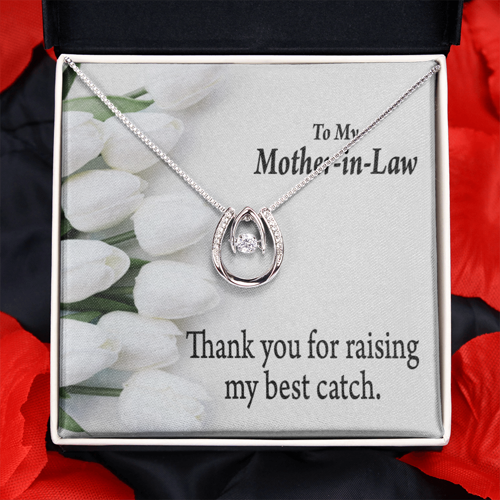 To My Mother-in-Law My Best Catch Lucky Horseshoe Necklace Message Card 14k w CZ Crystals-Express Your Love Gifts