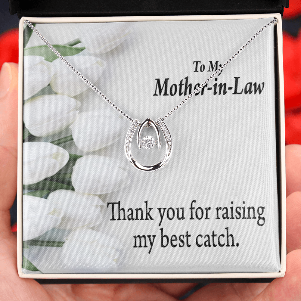 To My Mother-in-Law My Best Catch Lucky Horseshoe Necklace Message Card 14k w CZ Crystals-Express Your Love Gifts