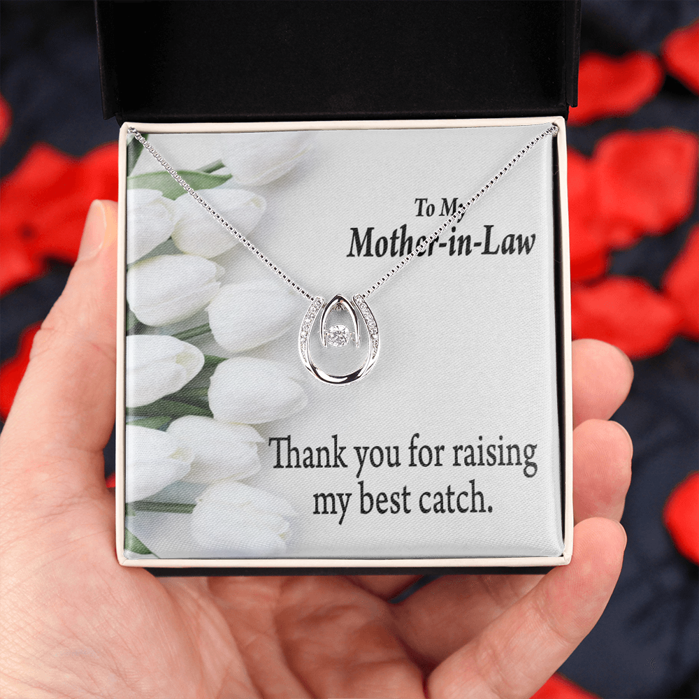 To My Mother-in-Law My Best Catch Lucky Horseshoe Necklace Message Card 14k w CZ Crystals-Express Your Love Gifts