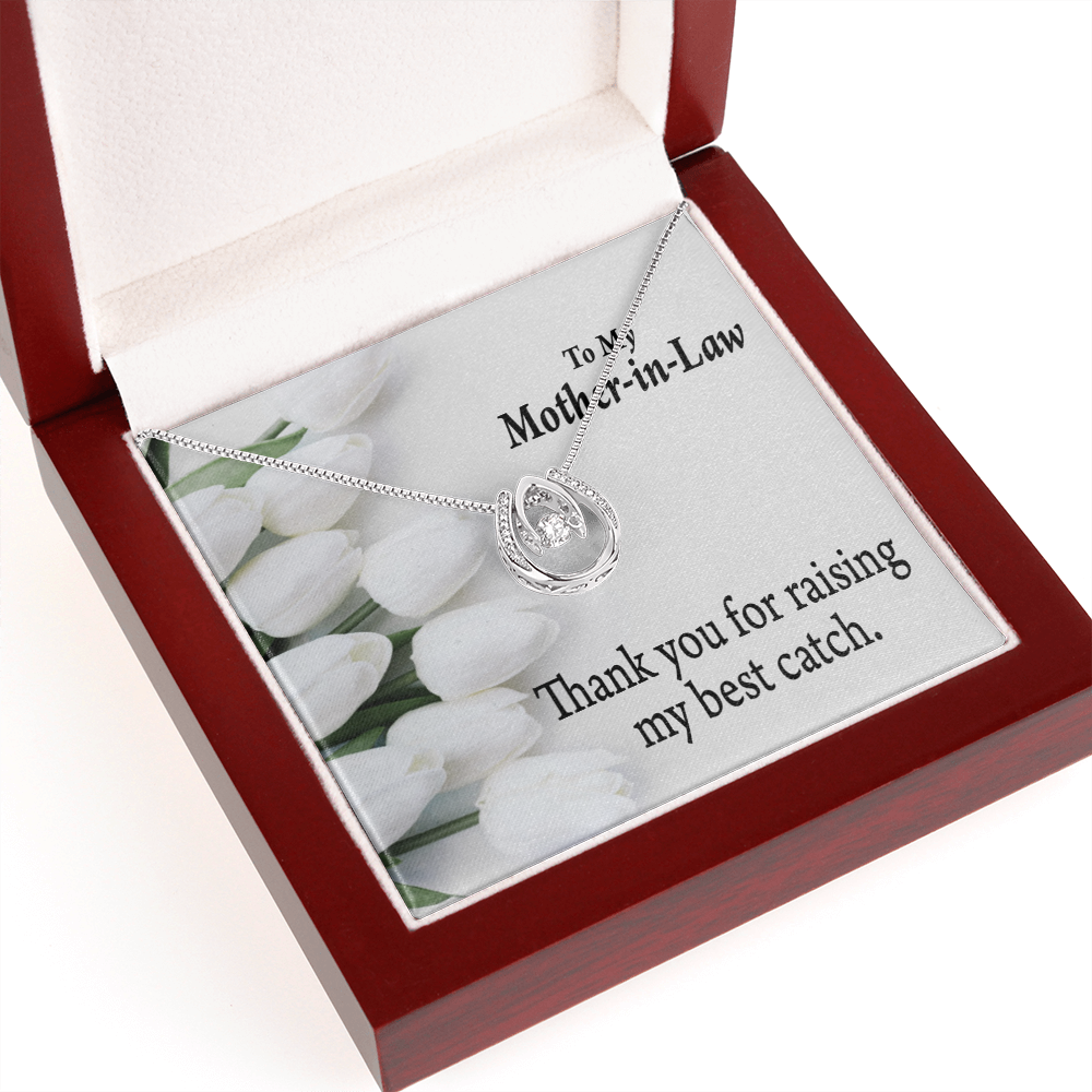 To My Mother-in-Law My Best Catch Lucky Horseshoe Necklace Message Card 14k w CZ Crystals-Express Your Love Gifts