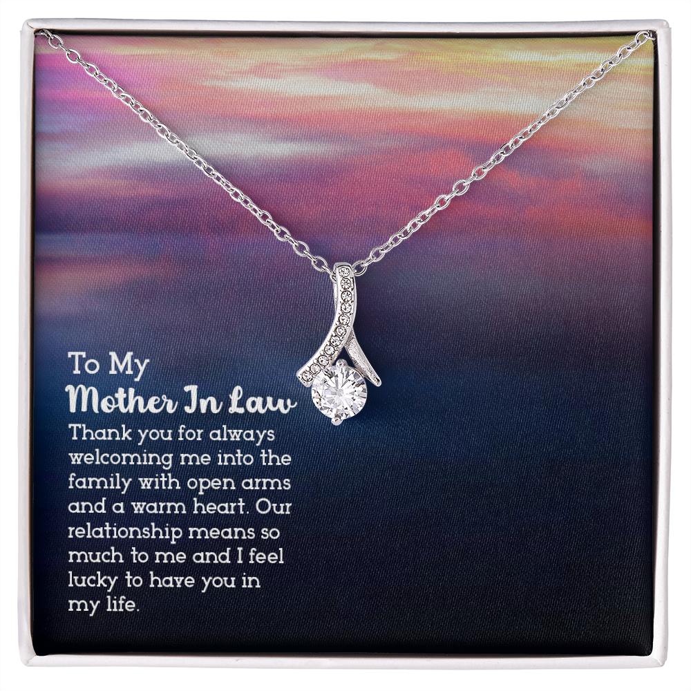 To My Mother-in-Law Open Arms and Warm Hearts Alluring Ribbon Necklace Message Card-Express Your Love Gifts