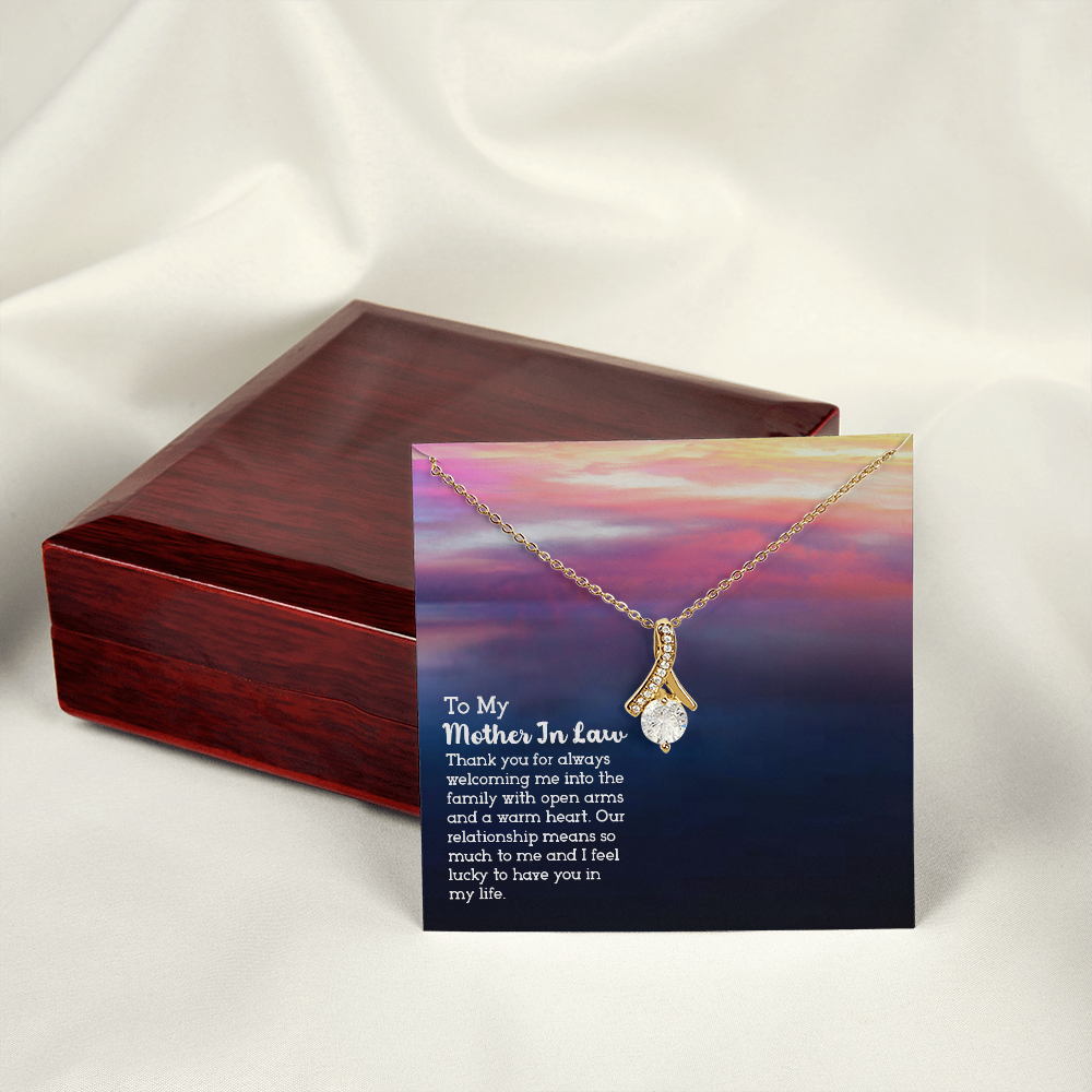 To My Mother-in-Law Open Arms and Warm Hearts Alluring Ribbon Necklace Message Card-Express Your Love Gifts