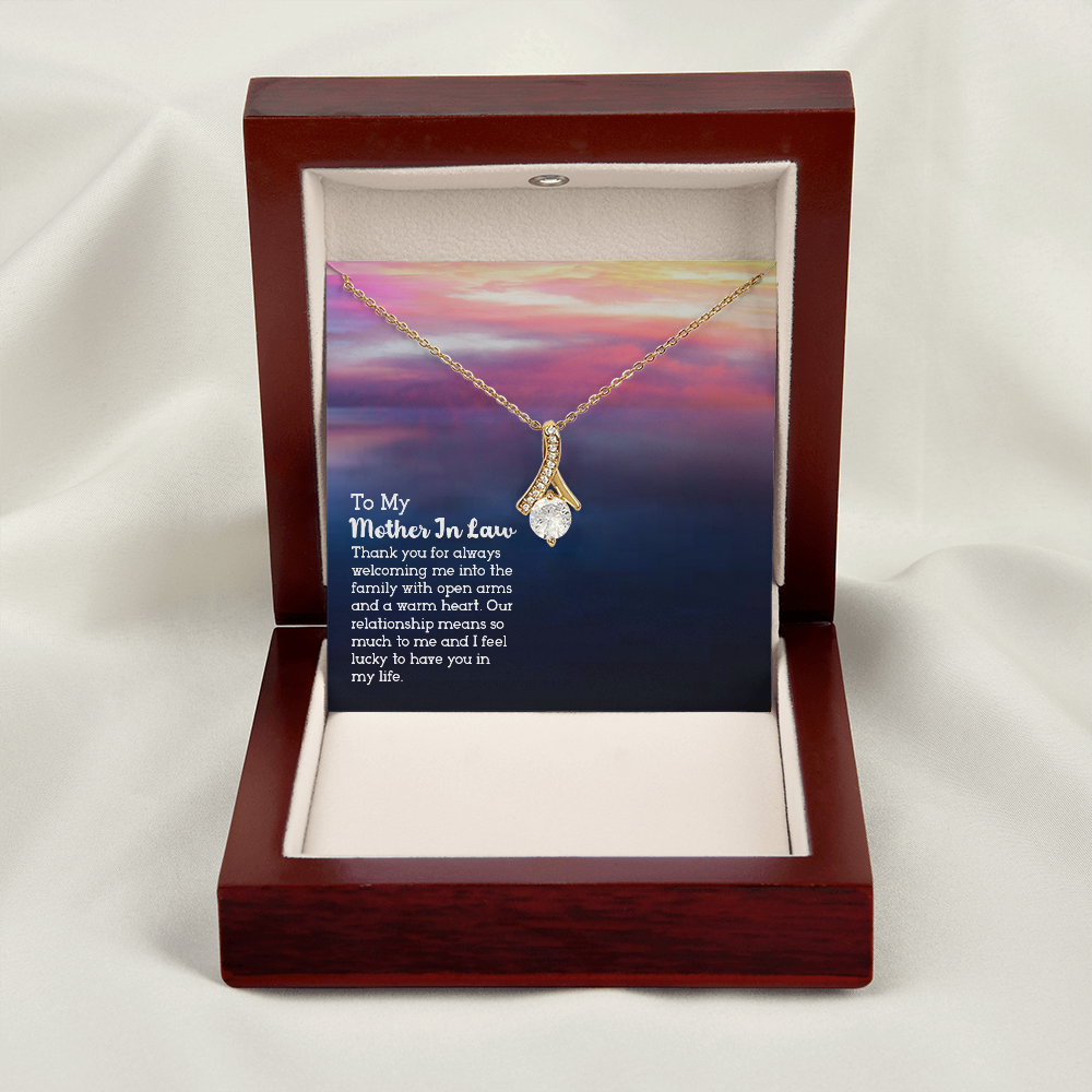 To My Mother-in-Law Open Arms and Warm Hearts Alluring Ribbon Necklace Message Card-Express Your Love Gifts