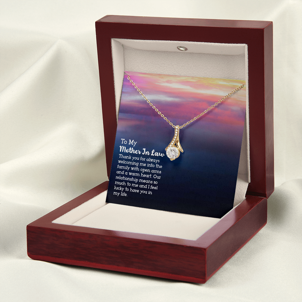 To My Mother-in-Law Open Arms and Warm Hearts Alluring Ribbon Necklace Message Card-Express Your Love Gifts