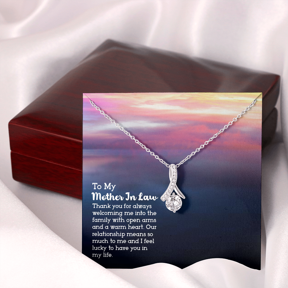 To My Mother-in-Law Open Arms and Warm Hearts Alluring Ribbon Necklace Message Card-Express Your Love Gifts