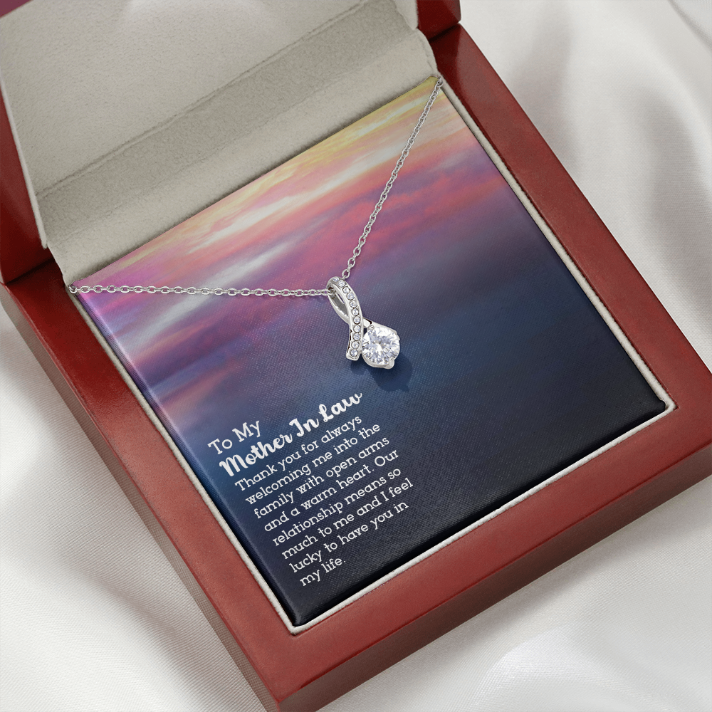 To My Mother-in-Law Open Arms and Warm Hearts Alluring Ribbon Necklace Message Card-Express Your Love Gifts