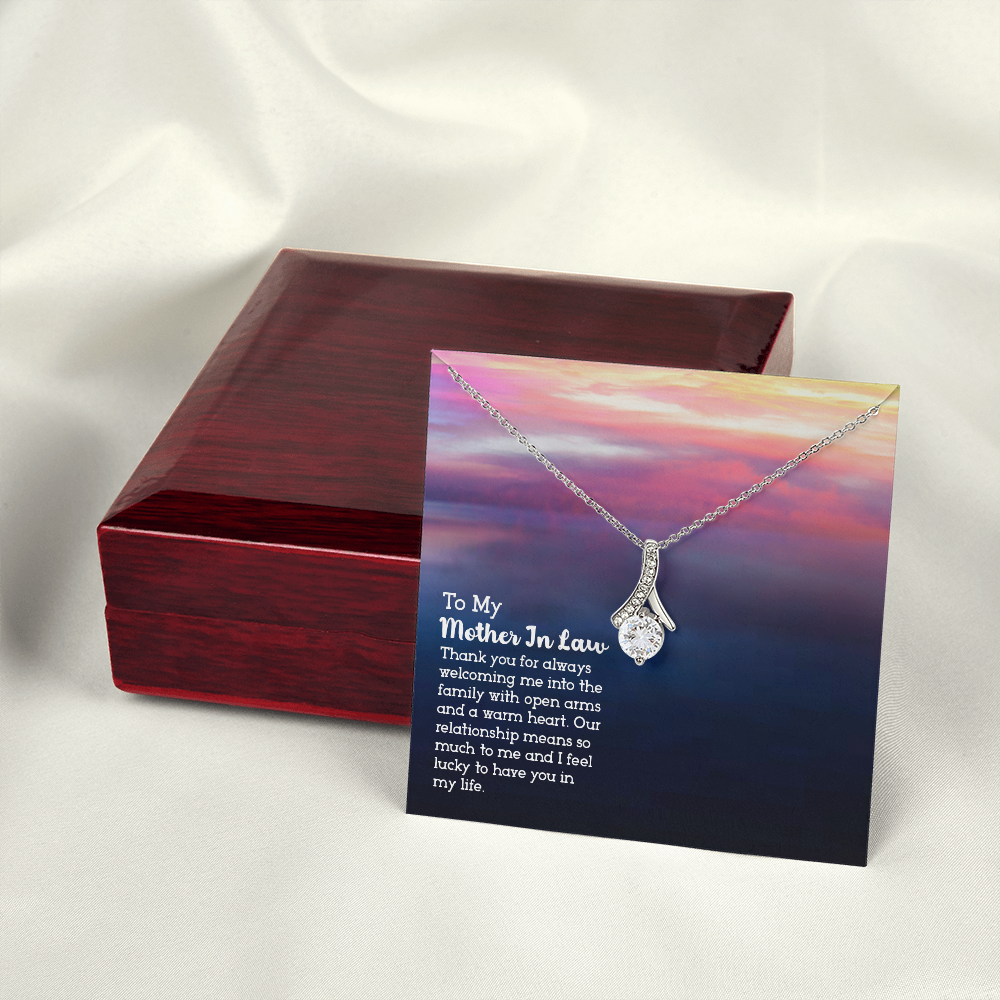 To My Mother-in-Law Open Arms and Warm Hearts Alluring Ribbon Necklace Message Card-Express Your Love Gifts