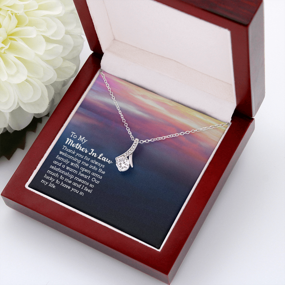 To My Mother-in-Law Open Arms and Warm Hearts Alluring Ribbon Necklace Message Card-Express Your Love Gifts