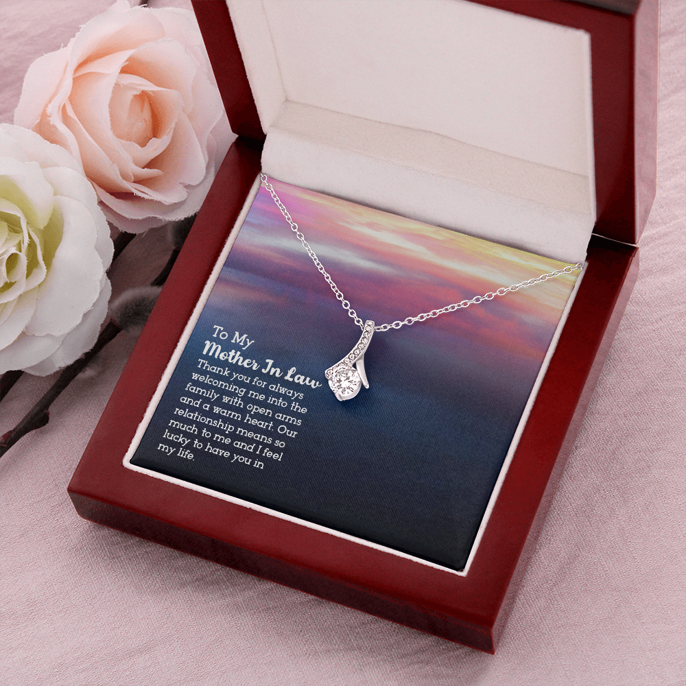 To My Mother-in-Law Open Arms and Warm Hearts Alluring Ribbon Necklace Message Card-Express Your Love Gifts