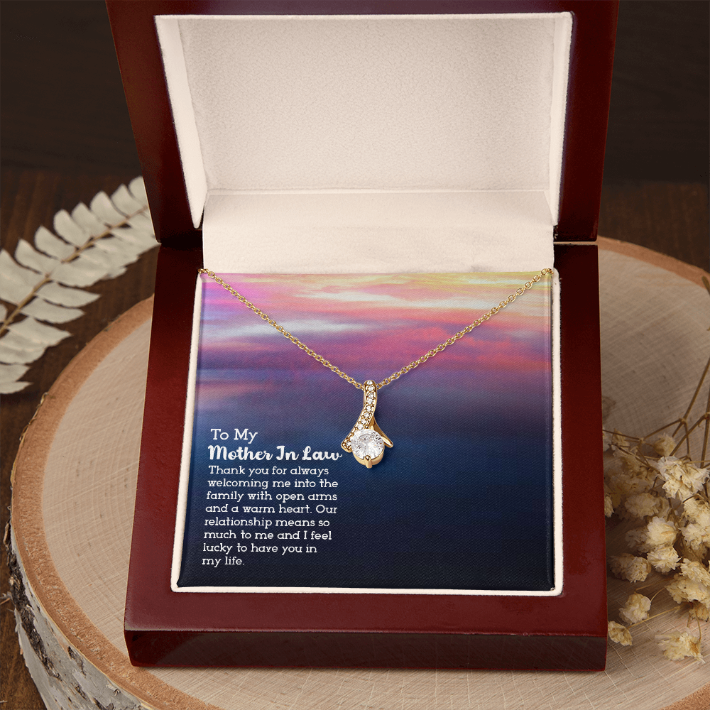 To My Mother-in-Law Open Arms and Warm Hearts Alluring Ribbon Necklace Message Card-Express Your Love Gifts