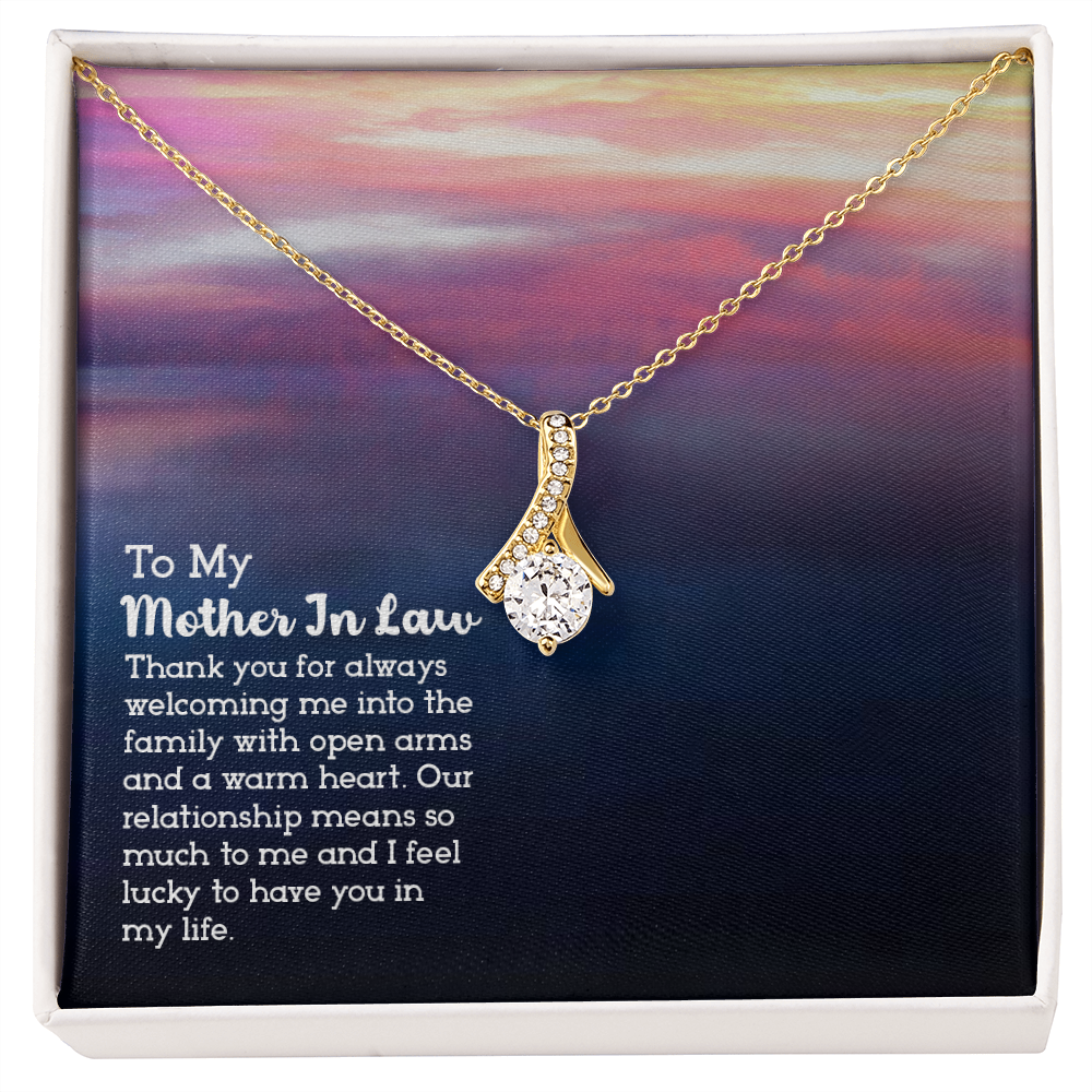 To My Mother-in-Law Open Arms and Warm Hearts Alluring Ribbon Necklace Message Card-Express Your Love Gifts