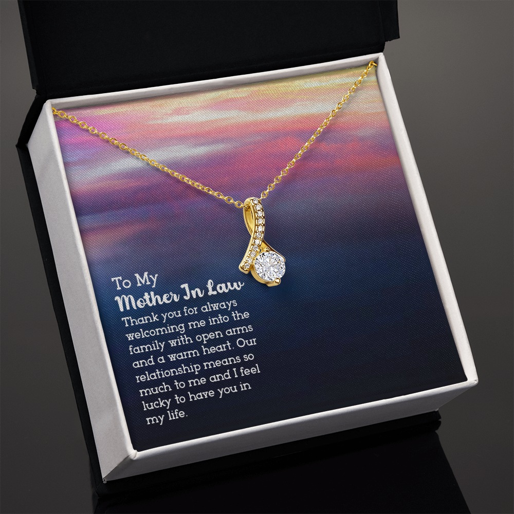 To My Mother-in-Law Open Arms and Warm Hearts Alluring Ribbon Necklace Message Card-Express Your Love Gifts