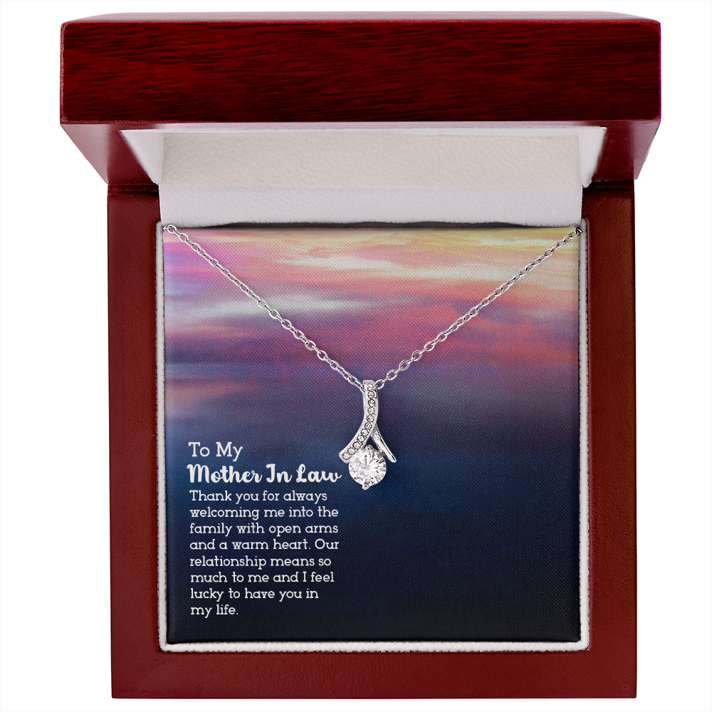 To My Mother-in-Law Open Arms and Warm Hearts Alluring Ribbon Necklace Message Card-Express Your Love Gifts