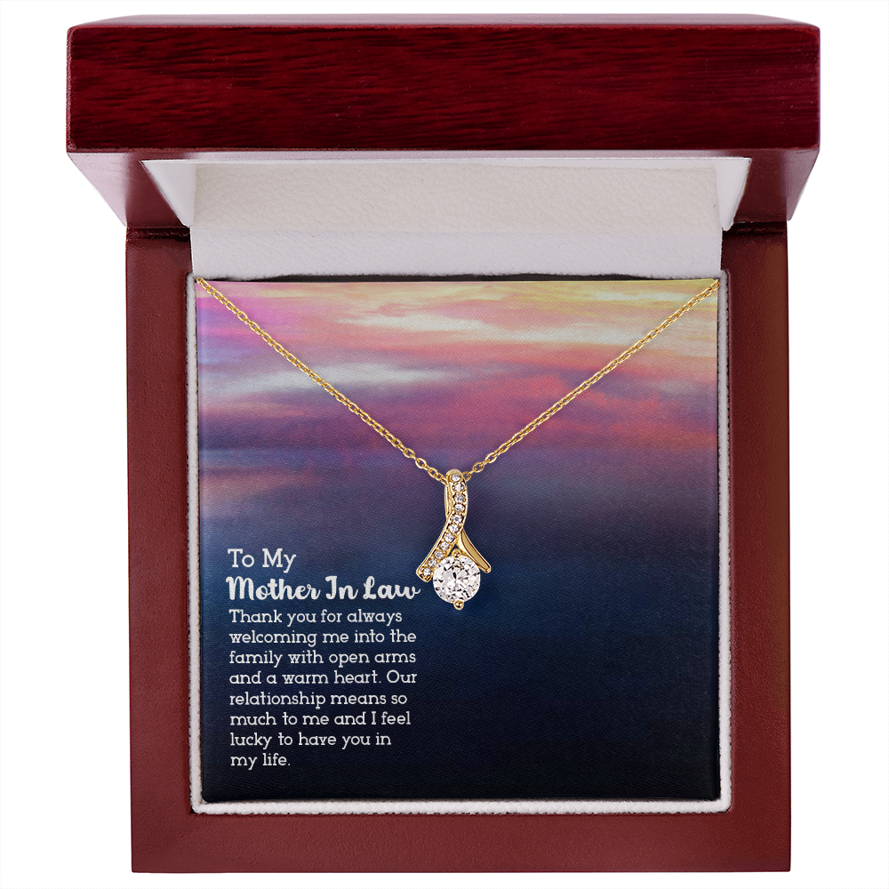 To My Mother-in-Law Open Arms and Warm Hearts Alluring Ribbon Necklace Message Card-Express Your Love Gifts