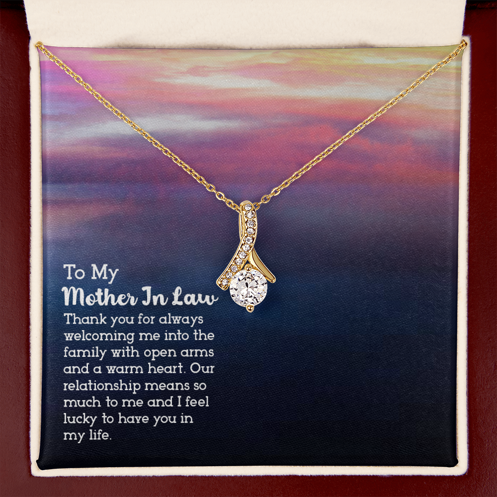 To My Mother-in-Law Open Arms and Warm Hearts Alluring Ribbon Necklace Message Card-Express Your Love Gifts