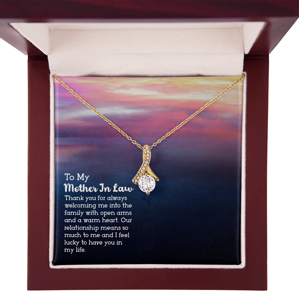 To My Mother-in-Law Open Arms and Warm Hearts Alluring Ribbon Necklace Message Card-Express Your Love Gifts