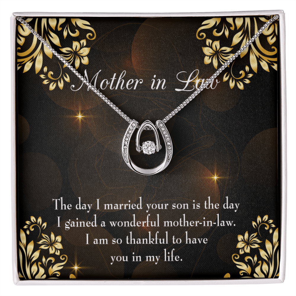 To My Mother-in-Law The Day I Married Your Son Lucky Horseshoe Necklace Message Card 14k w CZ Crystals-Express Your Love Gifts