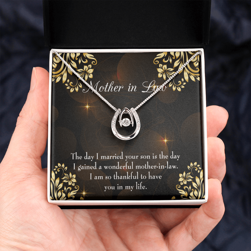 To My Mother-in-Law The Day I Married Your Son Lucky Horseshoe Necklace Message Card 14k w CZ Crystals-Express Your Love Gifts