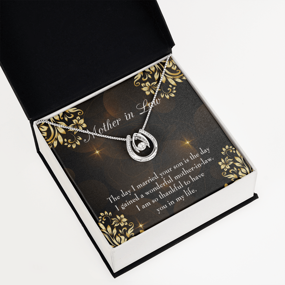 To My Mother-in-Law The Day I Married Your Son Lucky Horseshoe Necklace Message Card 14k w CZ Crystals-Express Your Love Gifts