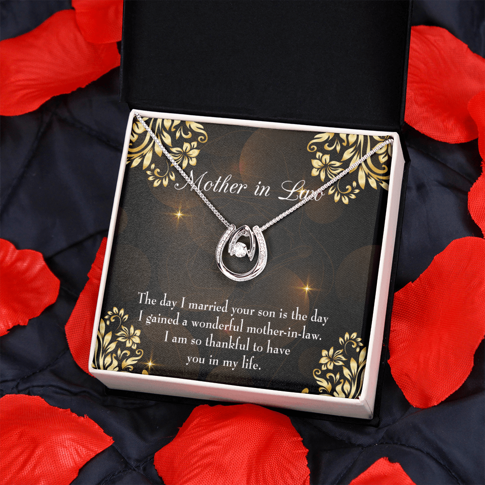 To My Mother-in-Law The Day I Married Your Son Lucky Horseshoe Necklace Message Card 14k w CZ Crystals-Express Your Love Gifts