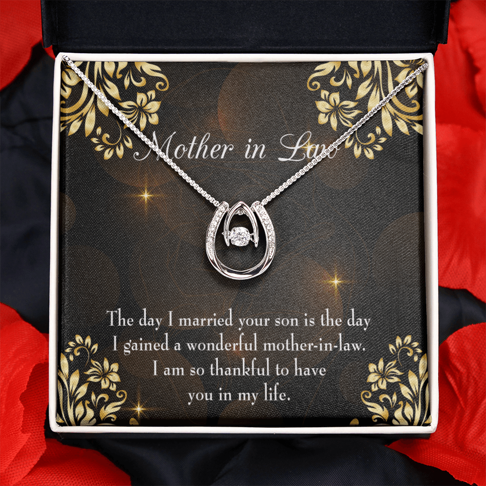 To My Mother-in-Law The Day I Married Your Son Lucky Horseshoe Necklace Message Card 14k w CZ Crystals-Express Your Love Gifts