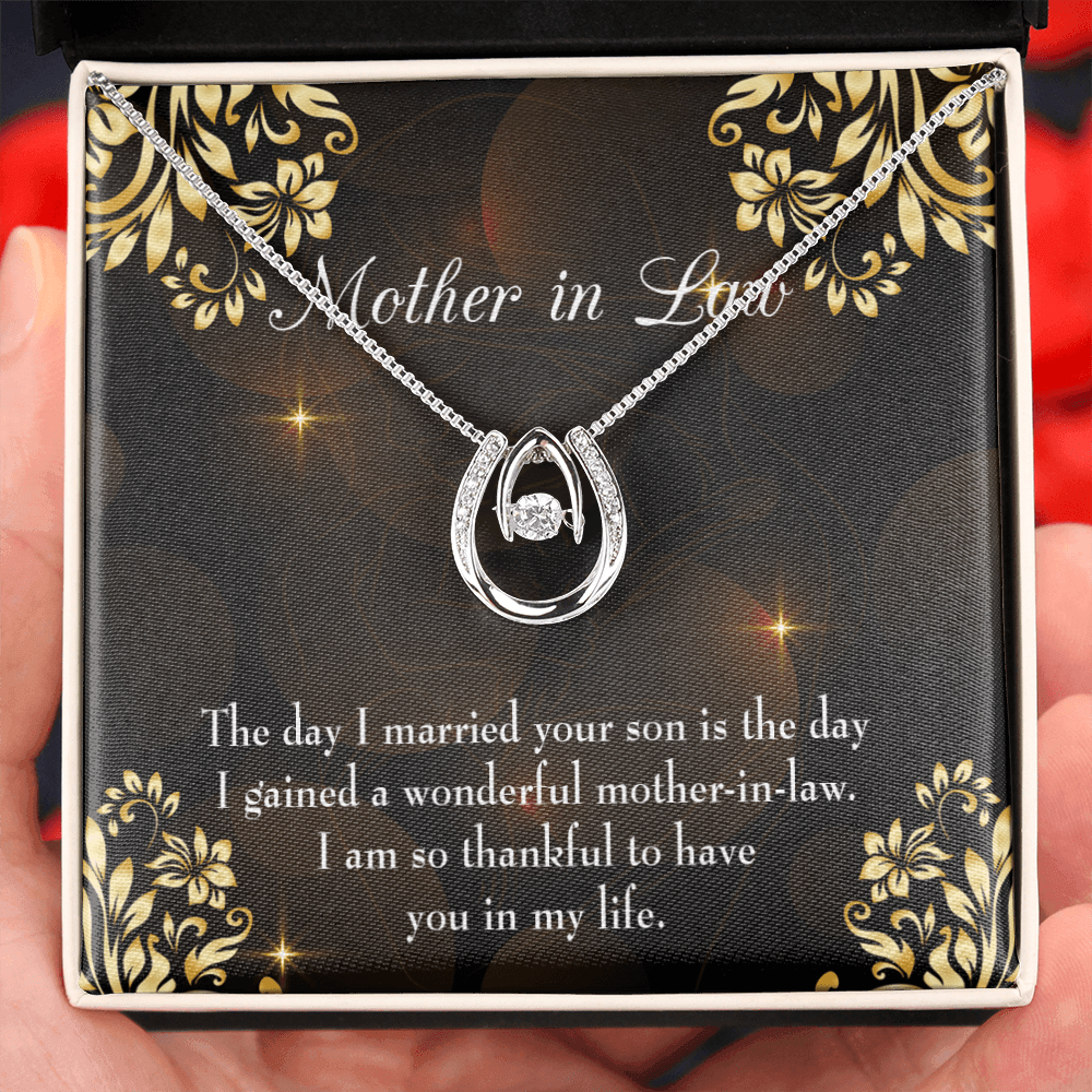 To My Mother-in-Law The Day I Married Your Son Lucky Horseshoe Necklace Message Card 14k w CZ Crystals-Express Your Love Gifts