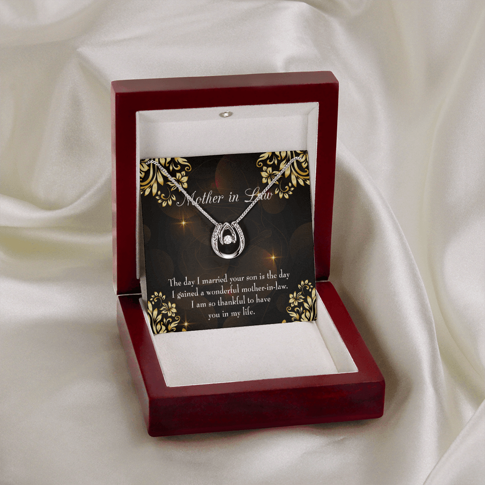 To My Mother-in-Law The Day I Married Your Son Lucky Horseshoe Necklace Message Card 14k w CZ Crystals-Express Your Love Gifts