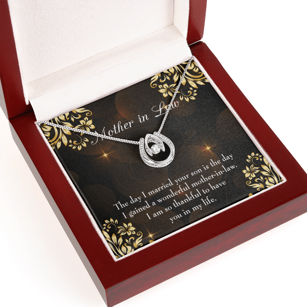 To My Mother-in-Law The Day I Married Your Son Lucky Horseshoe Necklace Message Card 14k w CZ Crystals-Express Your Love Gifts