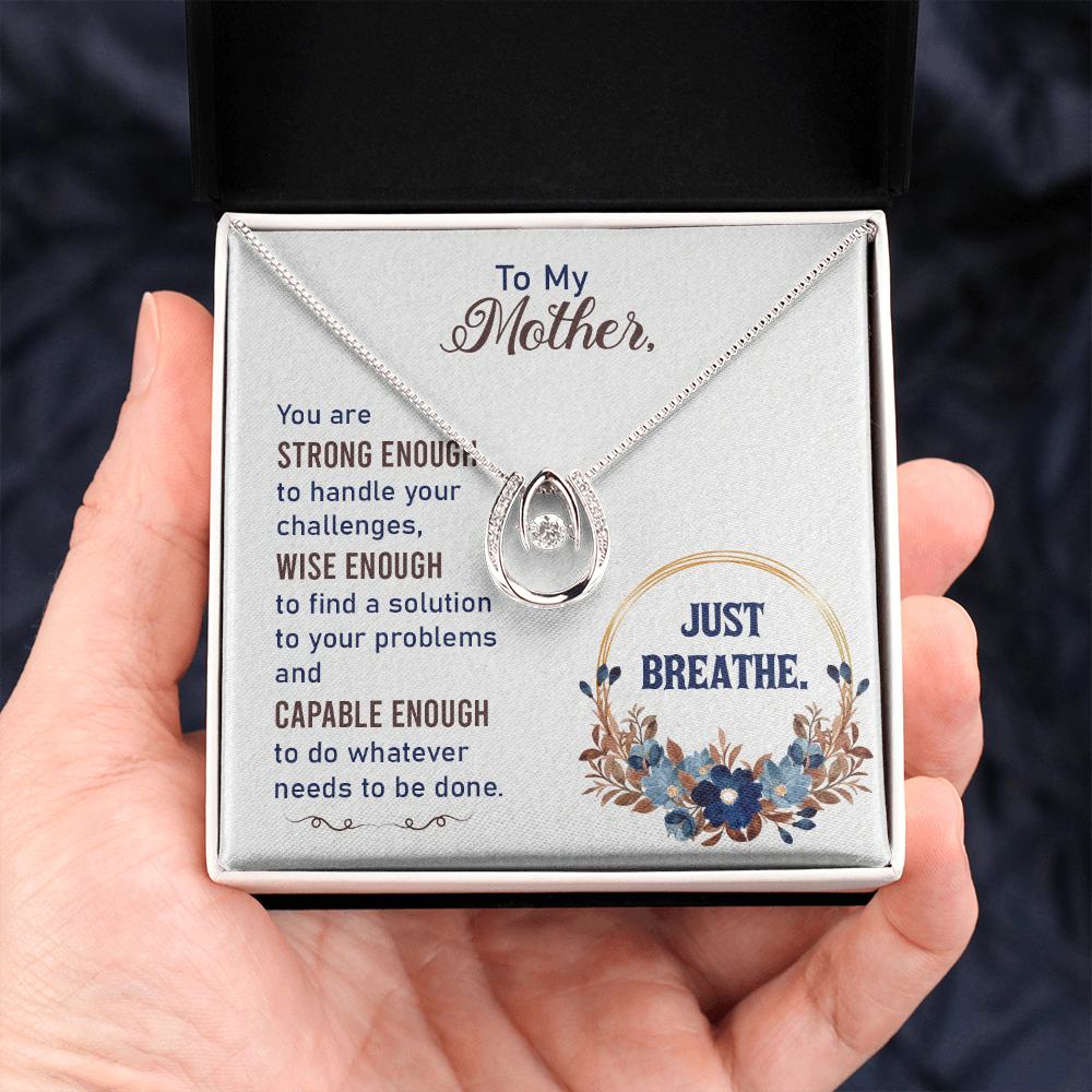 To my Mother Just Breathe Lucky Horseshoe Necklace Message Card 14k w CZ Crystals-Express Your Love Gifts